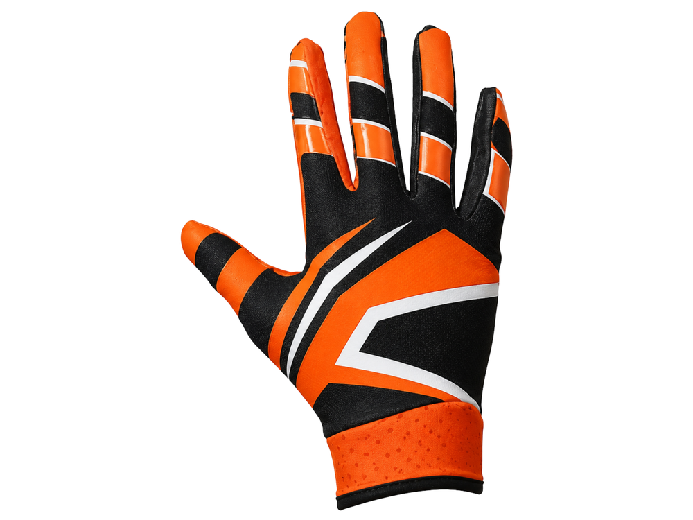 Custom Orange Black American Football Gloves | Wholesale Team Gloves for Bulk Orders front design preview