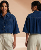 Wholesale Custom Dark Navy Cropped Denim Shirt Manufacturer Private Label Half Sleeve Jean Top