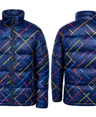 Diagonal Grid-Print Sublimated Puffer Jacket – Navy with Multicolour Lines | B2B Low MOQ