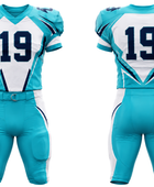 Wholesale Aqua and White American Football Uniform Set – Polyester Jersey & Pants