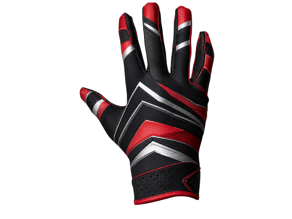 Custom Black Red American Football Gloves | Wholesale Team Gloves for Bulk Orders front design preview