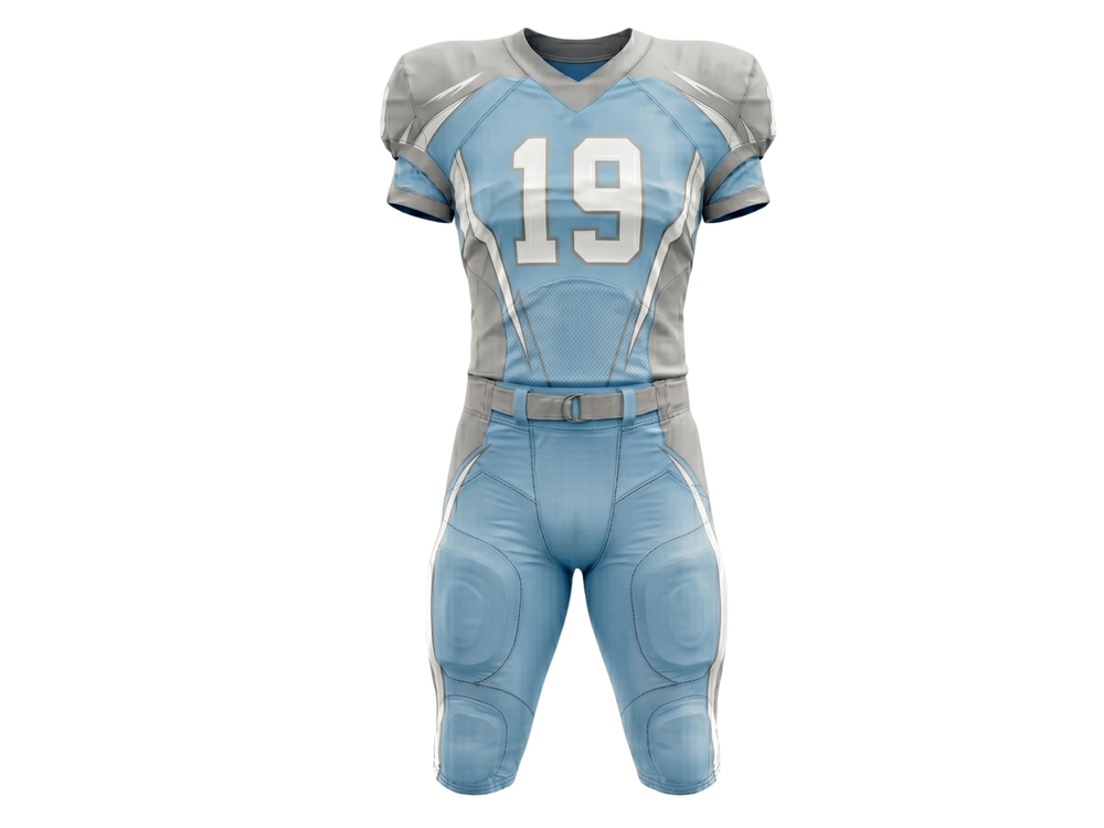 Wholesale Powder Blue American Football Uniform Set – Polyester Jersey & Pants front design preview