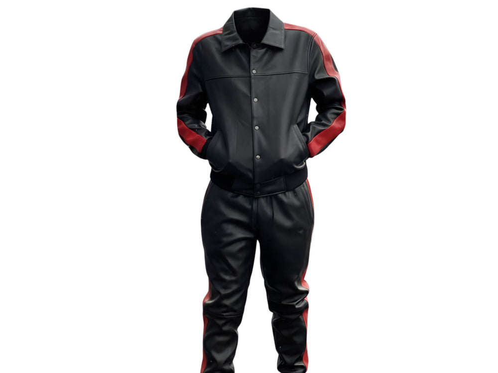 Custom Lambskin Leather Tracksuit Men Black Red | Wholesale Private Label Leather Manufacturer front design preview