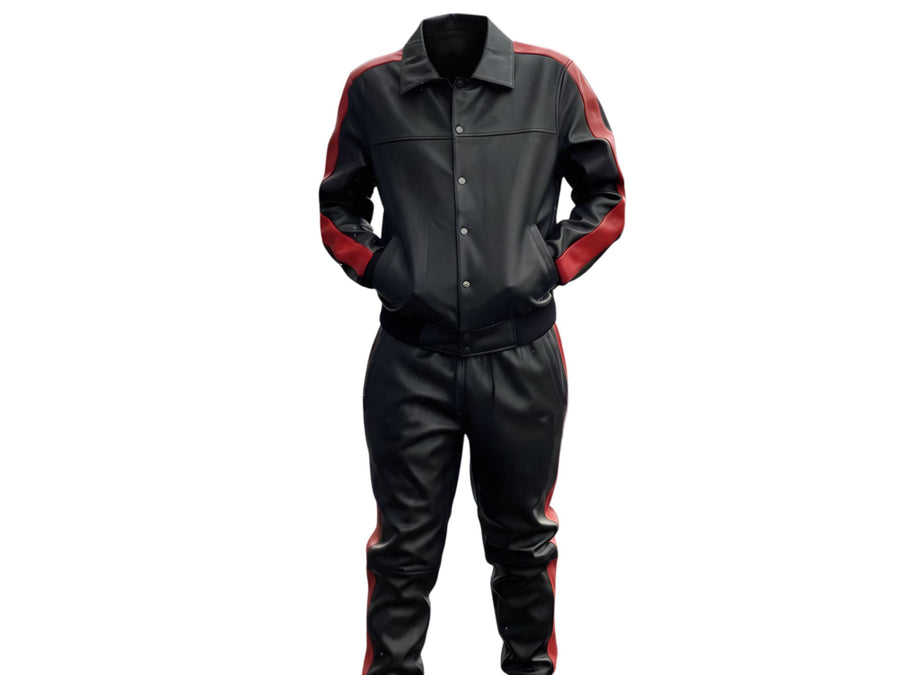 Custom Lambskin Leather Tracksuit Men Black Red | Wholesale Private Label Leather Manufacturer design preview