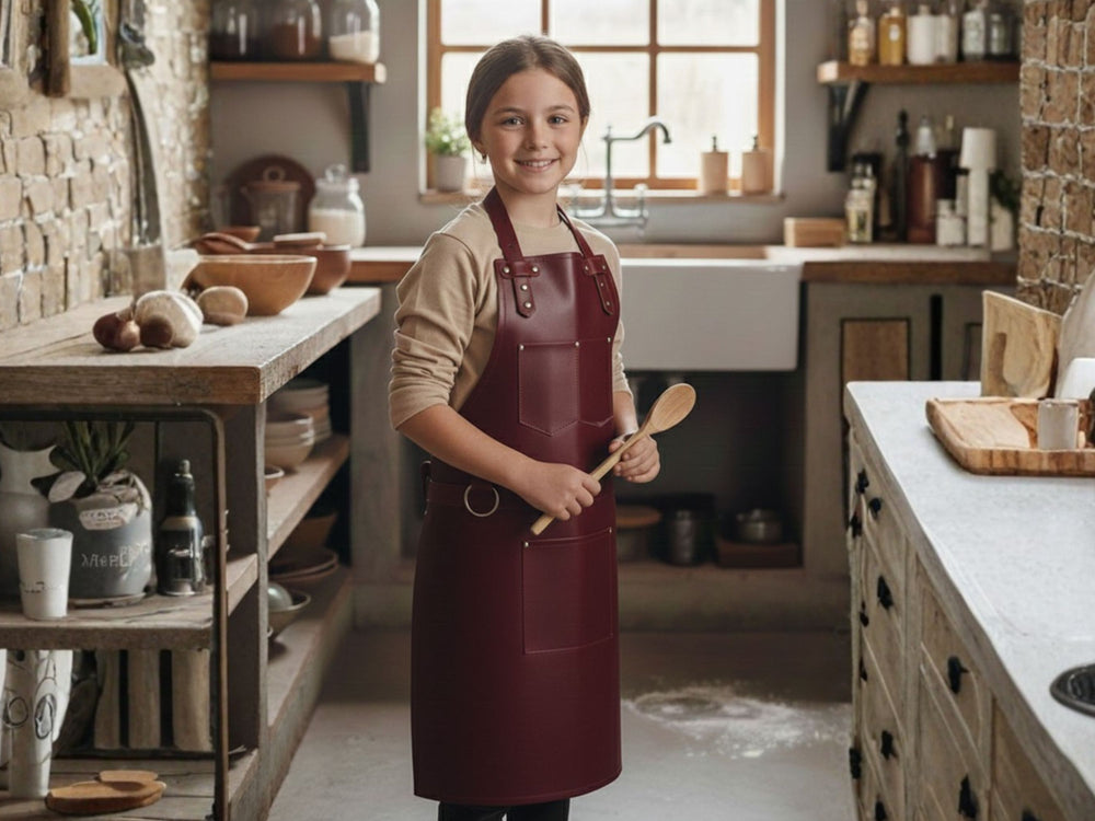 Kids Leather Apron Personalized Cooking Baking BBQ Apron for Boys and Girls front design preview