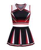 Wholesale Black & Red Cheerleading Uniform Matching Top & Skirt, Custom Team Name, Player Number, Low MOQ