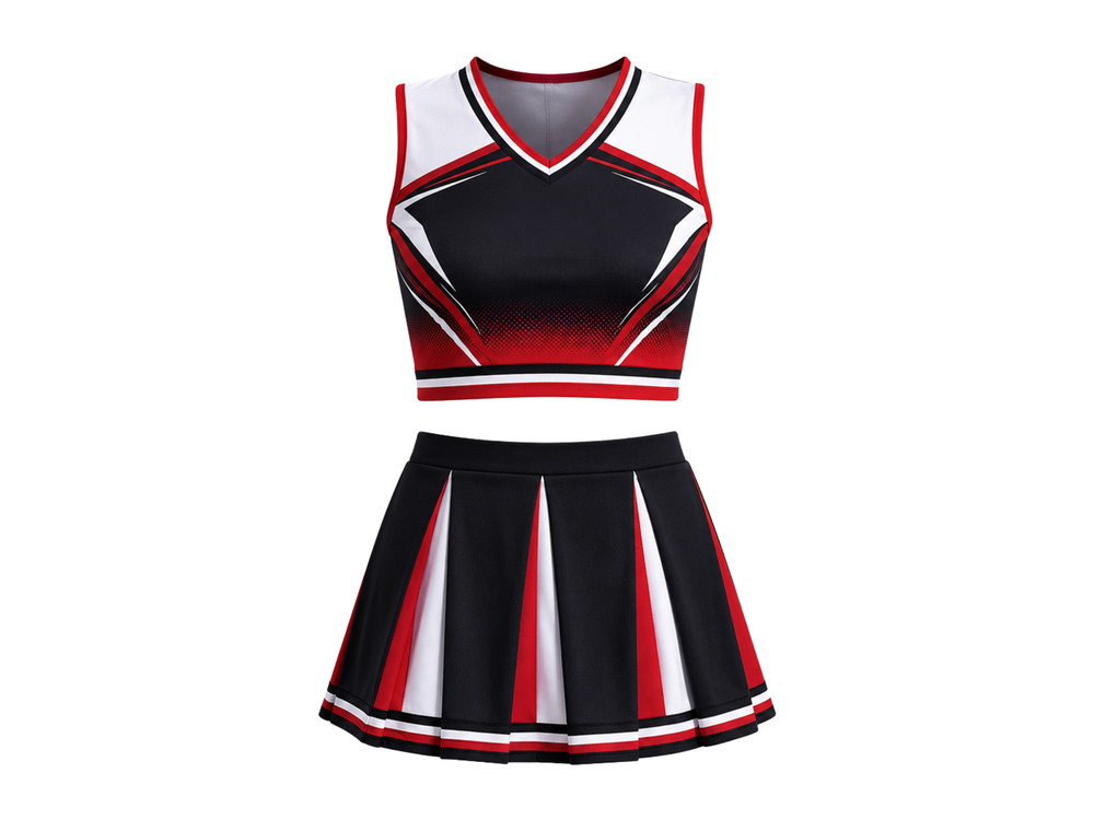 Wholesale Black & Red Cheerleading Uniform Matching Top & Skirt, Custom Team Name, Player Number, Low MOQ front design preview