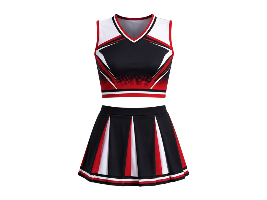 Wholesale Black & Red Cheerleading Uniform Matching Top & Skirt, Custom Team Name, Player Number, Low MOQ design preview