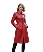 Women’s Red Cowhide Leather Trench Coat Wholesale Custom Private Label Outerwear Manufacturer