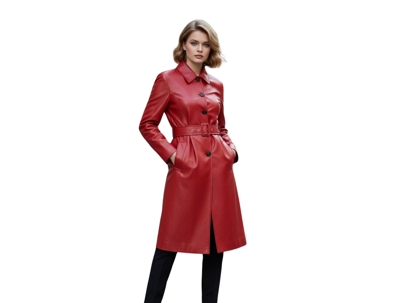 Women’s Red Cowhide Leather Trench Coat Wholesale Custom Private Label Outerwear Manufacturer