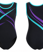 Custom Training Gymnastics Leotard | Wholesale Gym Team Leotard | Black Teal Purple | Apparels Bridge