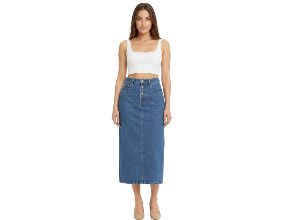 Custom Women’s Button-Front Denim Midi Skirt for Private Labels front design preview
