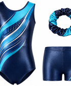 Custom Gymnastics Leotard Set | Wholesale Gym Team Set with Shorts and Scrunchie | Navy Teal Silver | Apparels Bridge