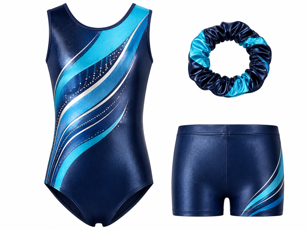 Custom Gymnastics Leotard Set | Wholesale Gym Team Set with Shorts and Scrunchie | Navy Teal Silver | Apparels Bridge front design preview