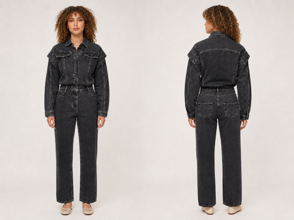 Wholesale Custom Black Denim Jumpsuit Manufacturer Private Label Long Sleeve Jean Boilersuit front design preview