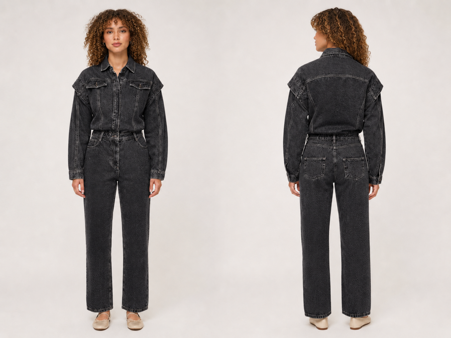 Wholesale Custom Black Denim Jumpsuit Manufacturer Private Label Long Sleeve Jean Boilersuit design preview