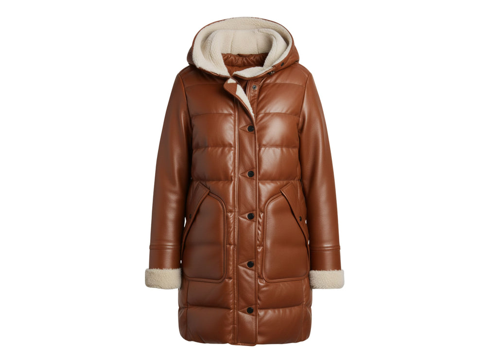Women’s Brown Sheepskin Puffer Coat Wholesale Custom Private Label Leather Outerwear Manufacturer front design preview