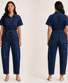 Wholesale Custom Dark Navy Denim Coverall Manufacturer Private Label Drawstring Jumpsuit