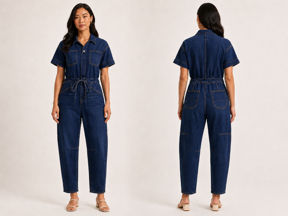 Wholesale Custom Dark Navy Denim Coverall Manufacturer Private Label Drawstring Jumpsuit front design preview
