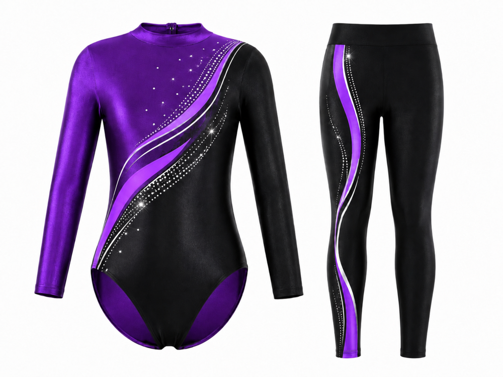 Custom Gymnastics Biketard | Wholesale Gym Team Biketard | Black Purple Gold | Apparels Bridge front design preview