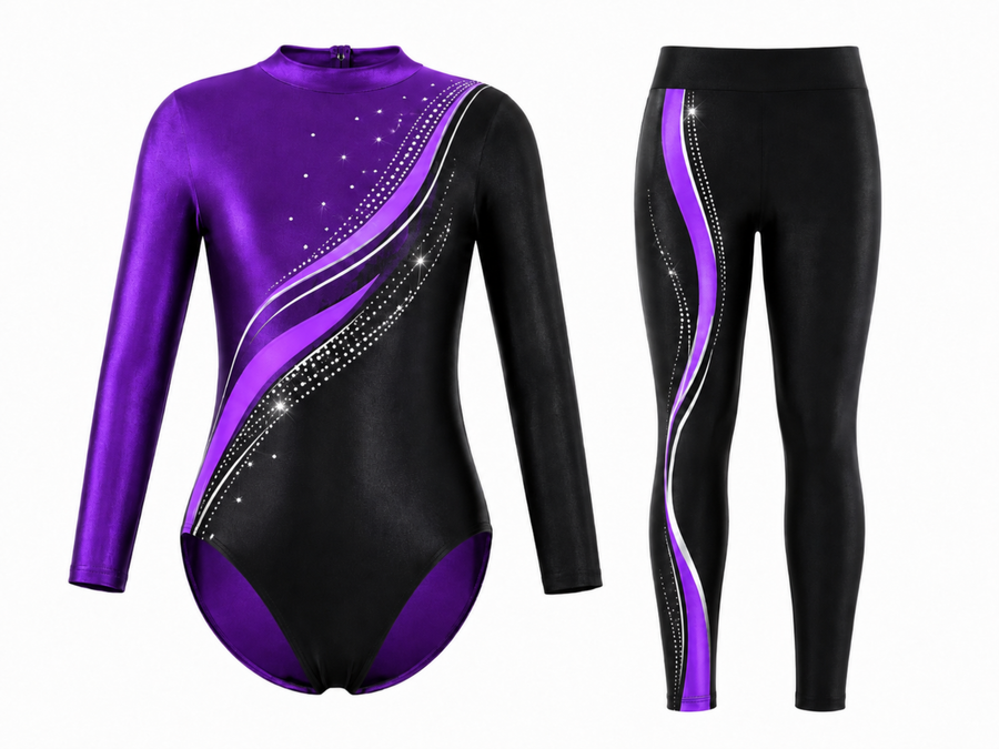 Custom Gymnastics Biketard | Wholesale Gym Team Biketard | Black Purple Gold | Apparels Bridge design preview
