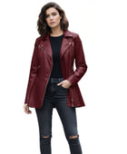 Women’s Burgundy Lambskin Leather Peplum Jacket Wholesale Custom Private Label Outerwear Manufacturer