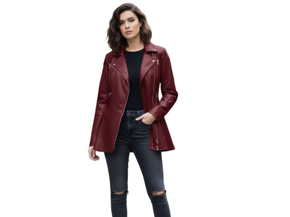 Women’s Burgundy Lambskin Leather Peplum Jacket Wholesale Custom Private Label Outerwear Manufacturer front design preview
