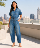 Wholesale Custom Medium Blue Denim Coverall Manufacturer Private Label Drawstring Jumpsuit