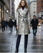 Women’s Silver Cowhide Leather Trench Coat Wholesale Custom Private Label Outerwear Manufacturer