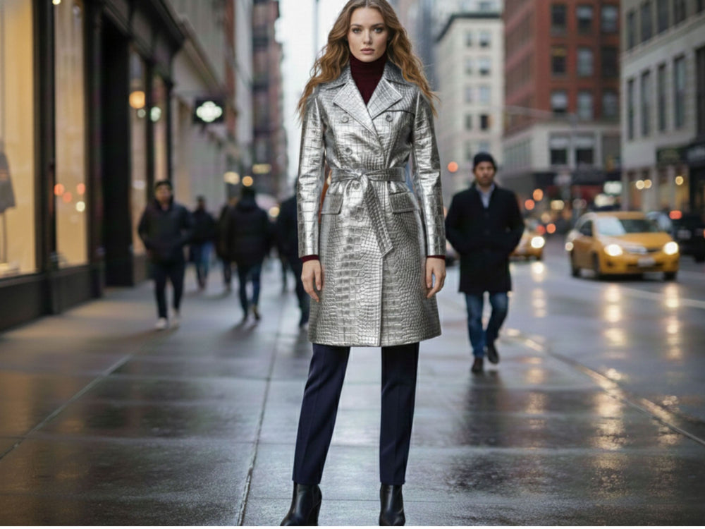 Women’s Silver Cowhide Leather Trench Coat Wholesale Custom Private Label Outerwear Manufacturer front design preview