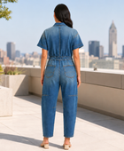 Wholesale Custom Medium Blue Denim Coverall Manufacturer Private Label Drawstring Jumpsuit