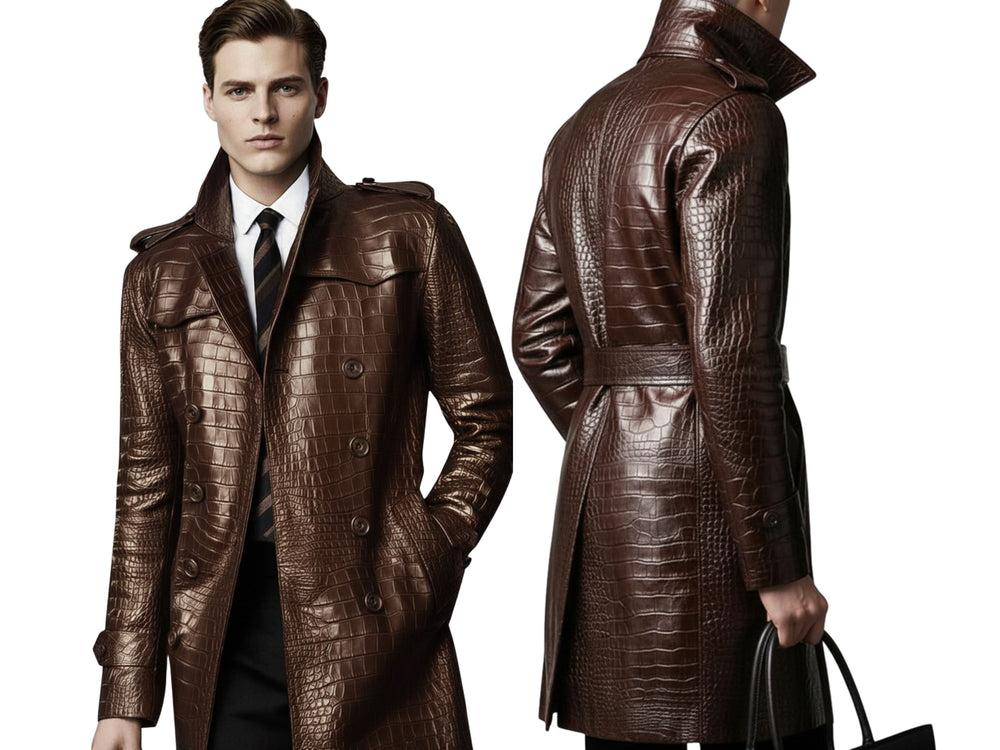 Men’s Brown Crocodile Embossed Cowhide Leather Coat Wholesale Custom Private Label Manufacturer front design preview