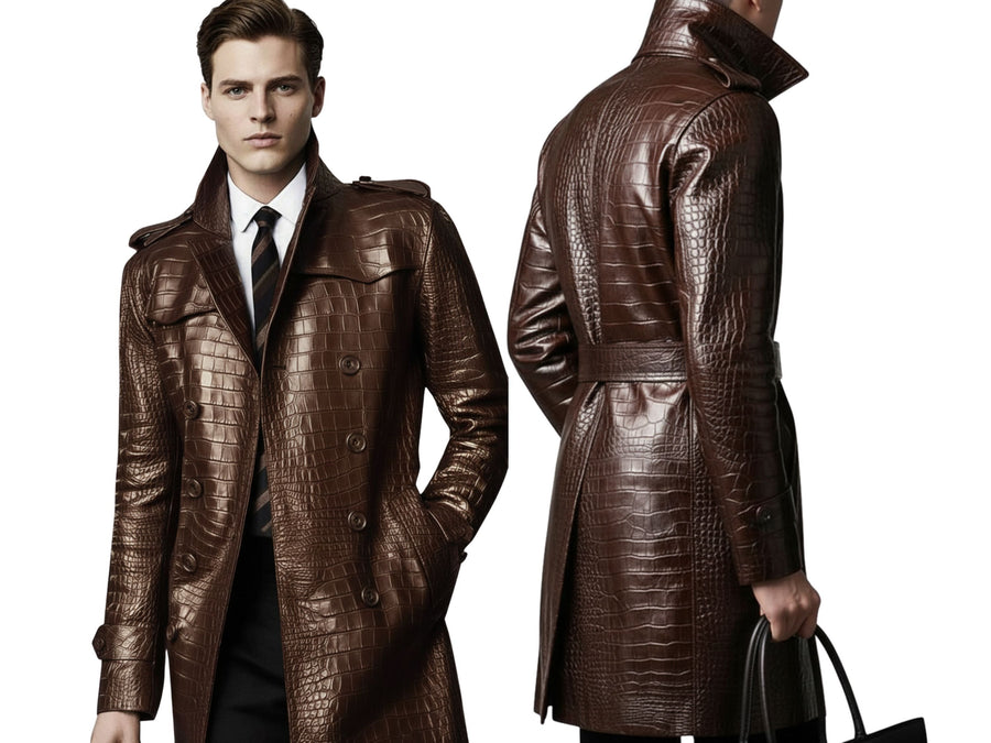 Men’s Brown Crocodile Embossed Cowhide Leather Coat Wholesale Custom Private Label Manufacturer design preview