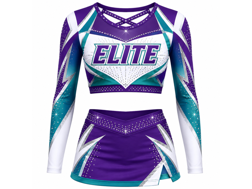 Custom Purple Rhinestone Competition Cheer Uniform – Crop Top & Skirt Set for Wholesale Teams front design preview