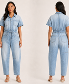 Wholesale Custom Light Blue Denim Coverall Manufacturer Private Label Drawstring Jumpsuit