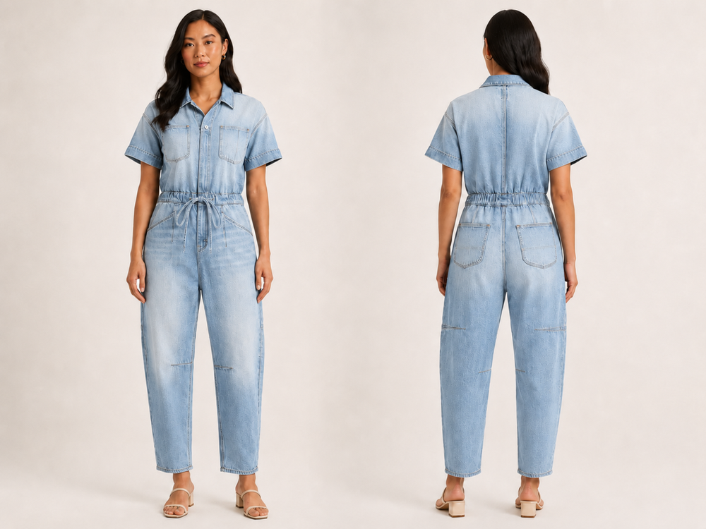 Wholesale Custom Light Blue Denim Coverall Manufacturer Private Label Drawstring Jumpsuit front design preview
