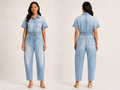 Wholesale Custom Light Blue Denim Coverall Manufacturer Private Label Drawstring Jumpsuit