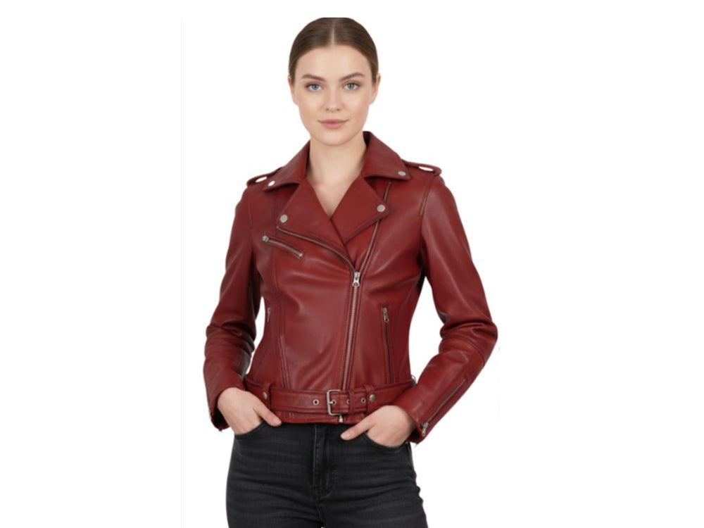 Women’s Red Lambskin Leather Biker Jacket Wholesale Custom Private Label Outerwear Manufacturer front design preview