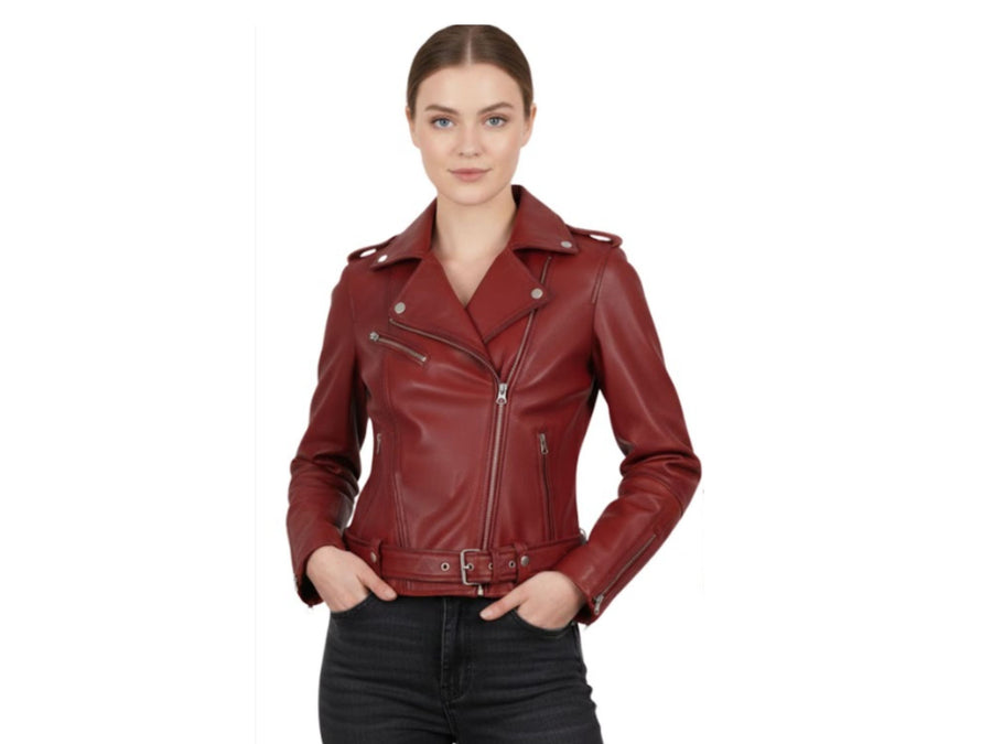Women’s Red Lambskin Leather Biker Jacket Wholesale Custom Private Label Outerwear Manufacturer design preview