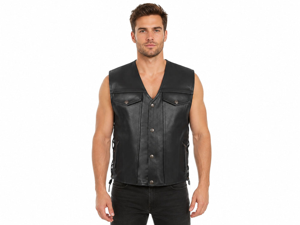 Men’s Buffalo Leather Biker Vest Wholesale | Custom Outlaw Denim Style Leather Vest Manufacturer front design preview