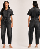 Wholesale Custom Black Denim Coverall Manufacturer Private Label Drawstring Jumpsuit
