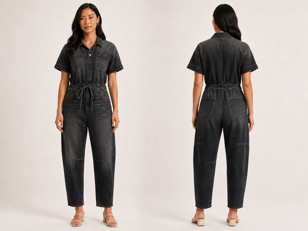 Wholesale Custom Black Denim Coverall Manufacturer Private Label Drawstring Jumpsuit front design preview