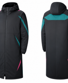 Custom Black Teal Football Jacket – Hooded Team Bench Coat for Wholesale Clubs