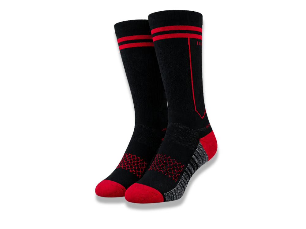 Custom Black & Red Basketball Socks for Teamwear | Wholesale Athletic Team Socks front design preview