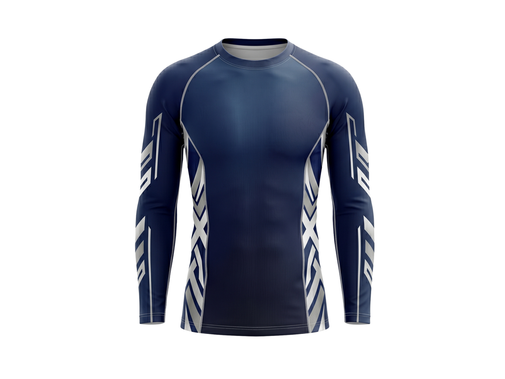 Custom MMA Rash Guard Full Sleeve Navy White Combat Gym Teamwear for B2B Buyers front design preview