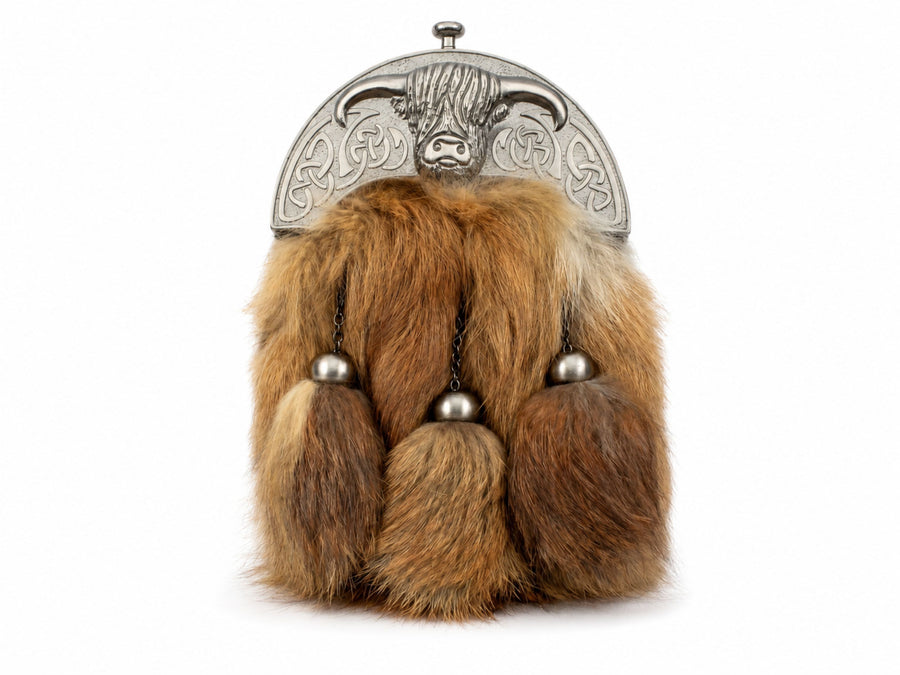 Fox Fur Dress Sporran Brown with Ornamental Silver Cantle | B2B Low MOQ