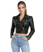 Women’s Black Cropped Lambskin Moto Jacket Wholesale Custom Private Label Leather Outerwear Manufacturer