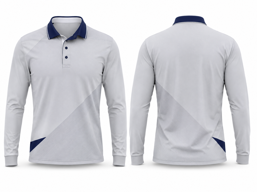 Custom Training and Lifestyle Long Sleeve Polo Shirt | Wholesale Gym Team Polo | Light Grey Navy | Apparels Bridge design preview