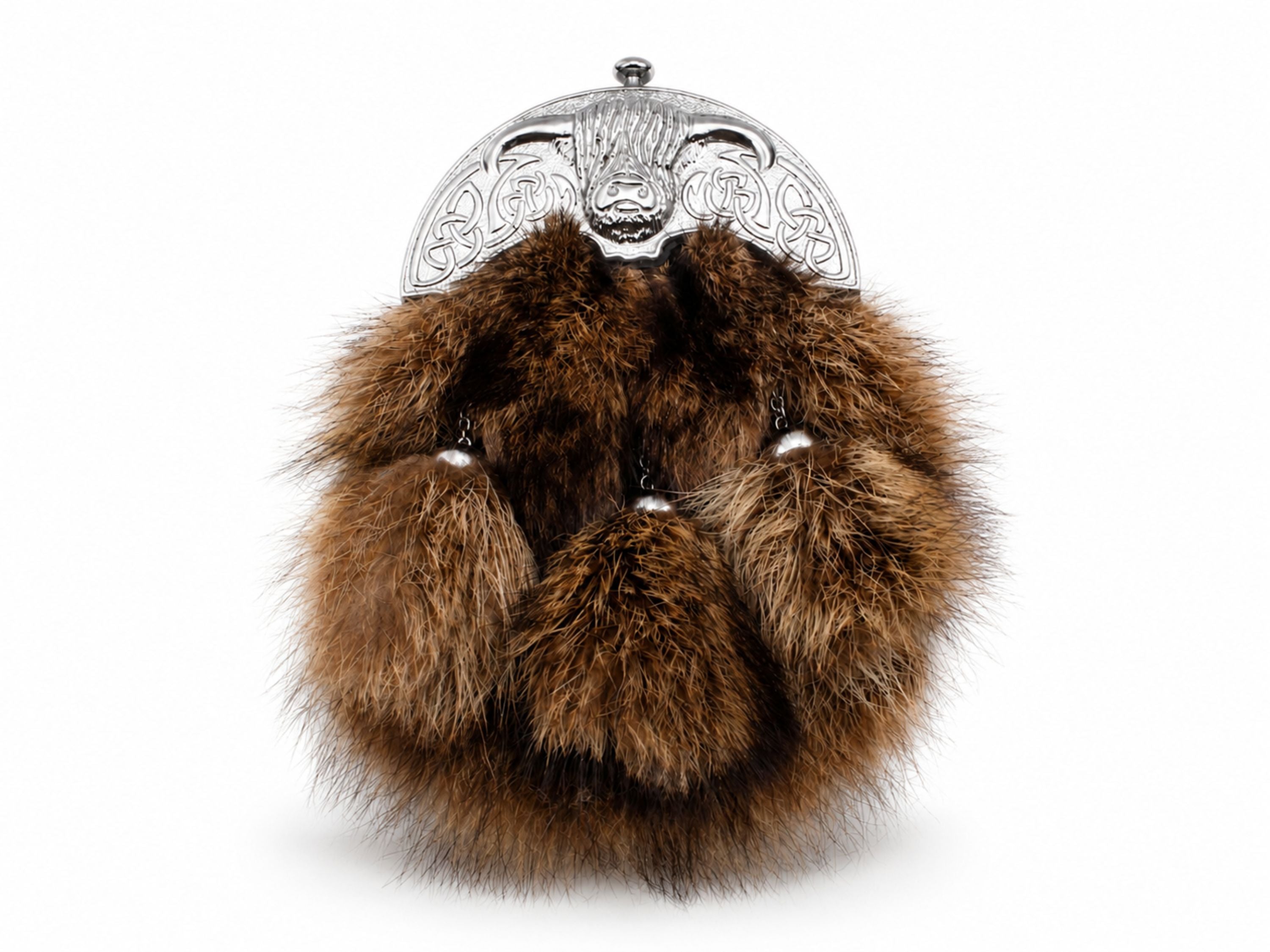Fox Fur Dress Sporran Brown with Ornamental Silver Cantle | B2B Low MOQ