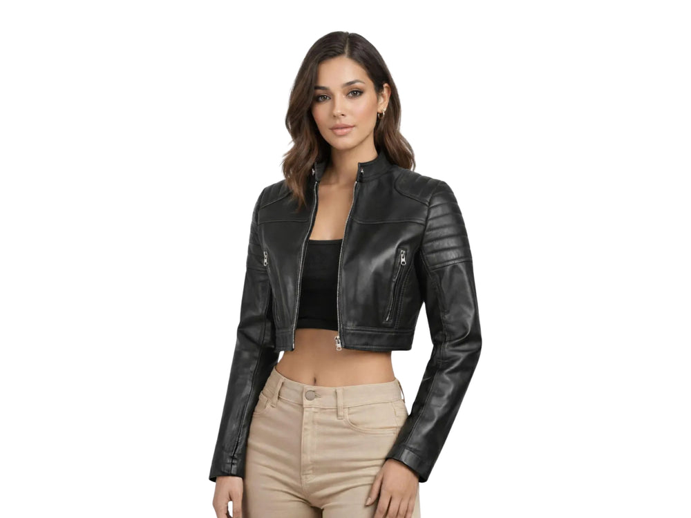 Women’s Black Cropped Real Leather Biker Jacket Wholesale Custom Private Label Manufacturer front design preview